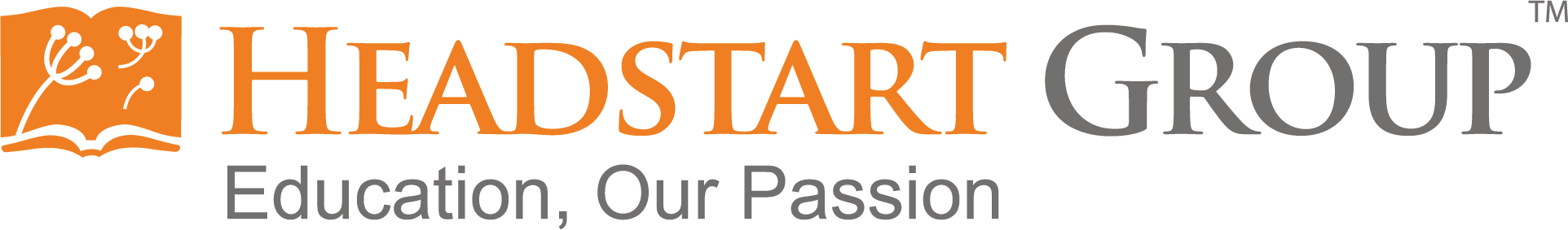 an orange logo of headstart with a grey motto